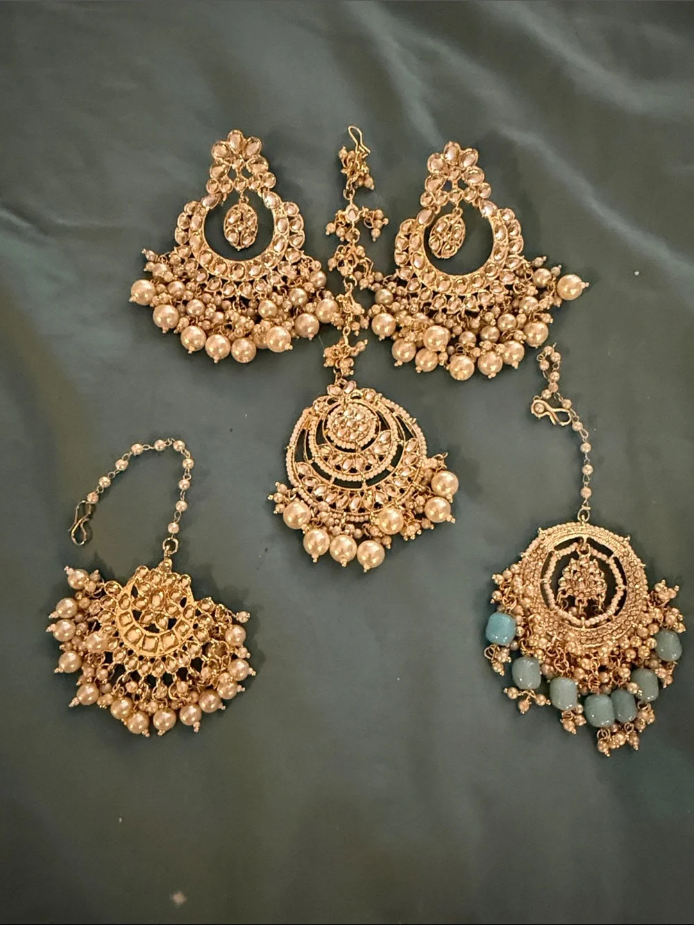 Gold-Tone Pearl Chandbali Earrings and Tikka Set
